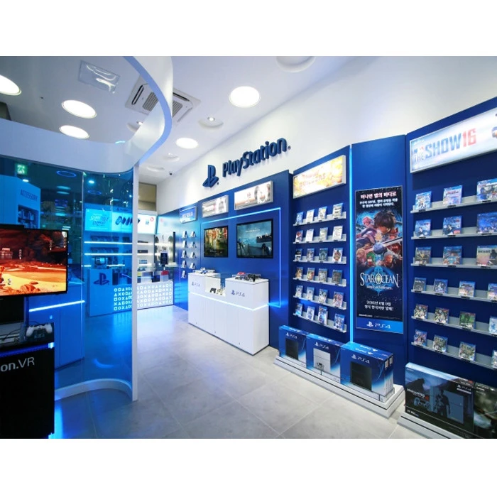 Blue playstation boutique store interior display furniture with free design