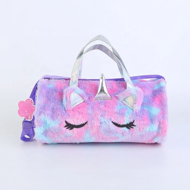 Cheap Kids Cute Cartoon Women Stylish Rainbow Unicorn Purple PU Plush Duffel Bag Bags Ladies Fur Travel Duffle Bag For Girls