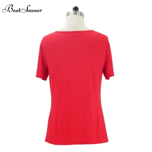 Cheap Round Neck Short Sleeve Cold Shoulder Sexy Plain Red Women t Shirt with Buckle