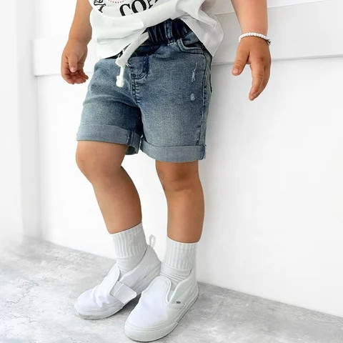 Custom Elastic Waist Light Blue Wash Denim Boys Shorts