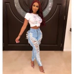 custom new fashion women high waist  jeans distressed slim holes fit ripped pants comfy stretch skinny jeans