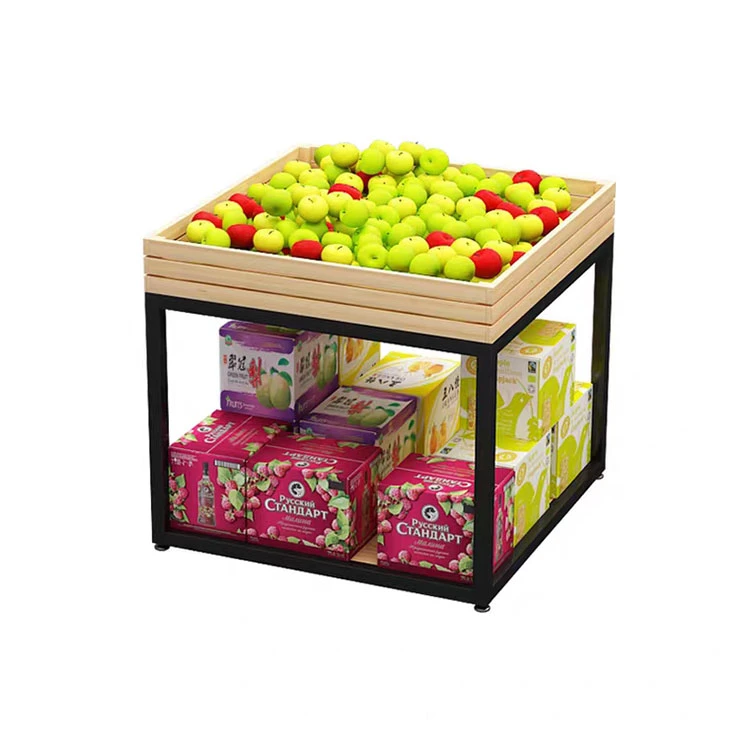 Custom Retail Store Supermarket Equipment Metal Wooden Fruit Stand Vegetable Shelf Display Rack