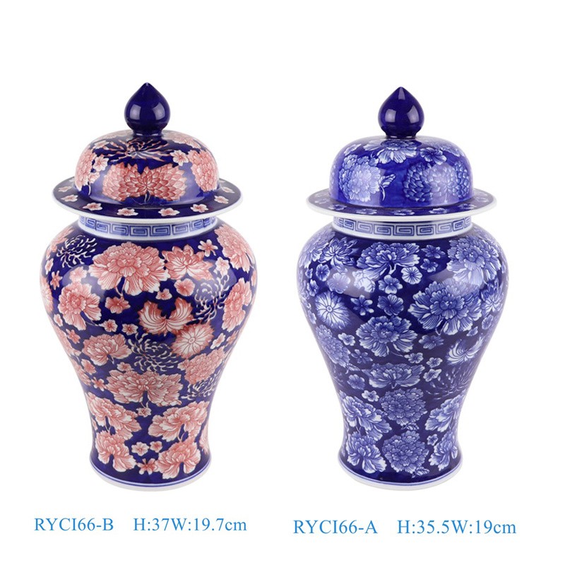 Dark Blue Under Glazed Porcelain Round Shape Red Shiny Flower Ceramic Storage Pot Jars