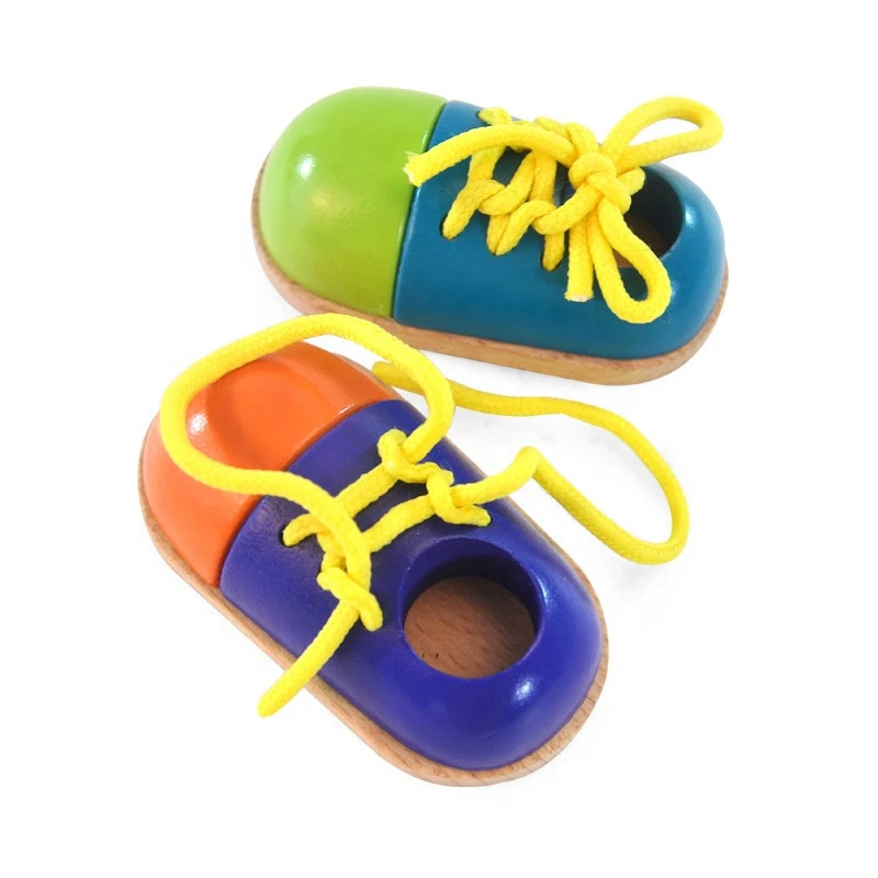 Early educational wooden toy learning lacing shoes for kids