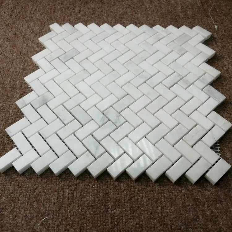 Eastern White Marble Petite Herringbone Mosaic Bathroom Accent Wall Tile
