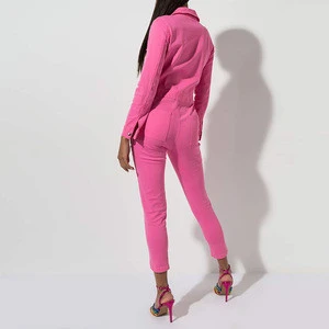 fashion neon pink long sleeve denim simple casual wear jumpsuit jeans