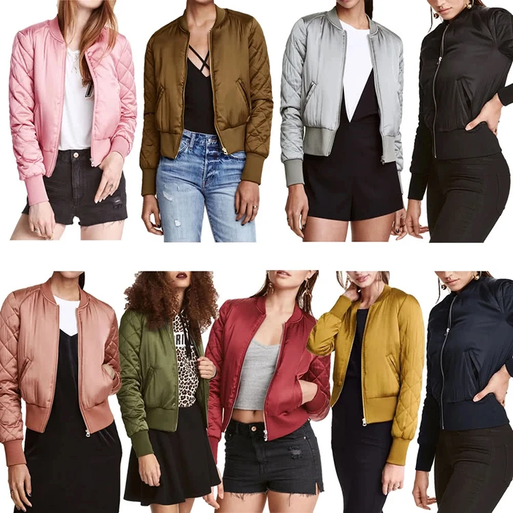 Fashion Women Satin Bomber Quilted Long Sleeve Cotton Satin Varsity Women Jacket