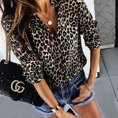 Free Shipping Wholesale Fashion Sexy Printing Leopard Button Long Sleeve Top Shirt Woman Ladies&#x27; Blouse Designs Tops