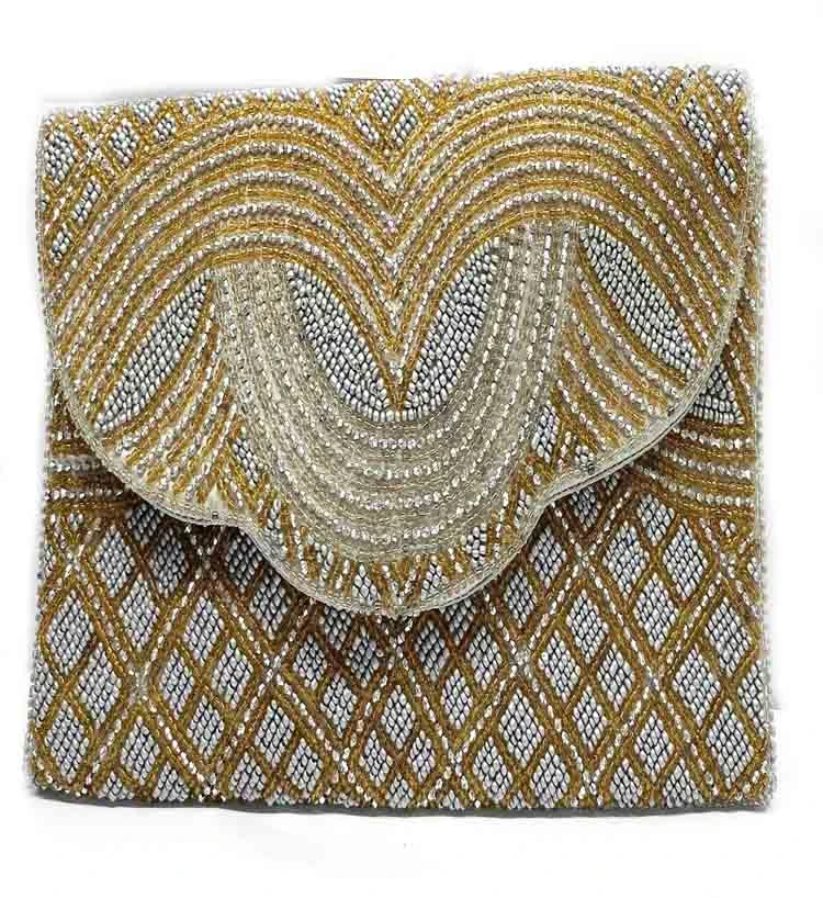 Gold & Silver Small Beads on White Cloth Handbag with Flip Cover