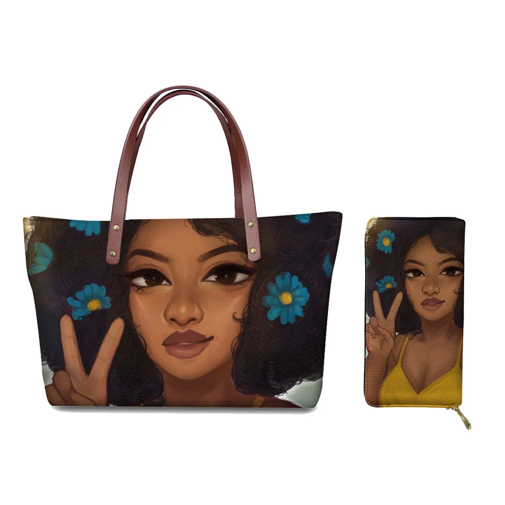 Handbags-Set Beach-Bags For Women Custom Black Art African Girls Printing 2pcs/Set Bag&Wallet Female Lady Casual Top-Handle Tote