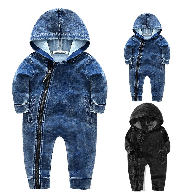 Hao Baby Spring And Autumn New Infant Unisex Baby Diagonal Zipper Jumpsuit Baby Boys Clothing Denim Romper