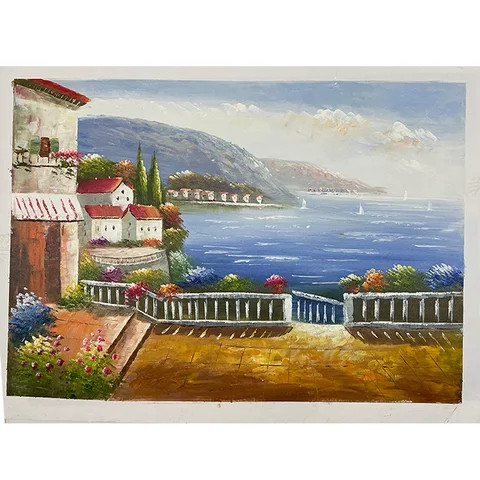 High quality handmade oil painting mediterranean village sea landscape heavy texture oil painting on canvas art