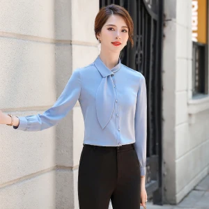 High Quality New Elegant Tie Collar Pink White Blue Female Women Long Sleeve Silk Shirt Blouses