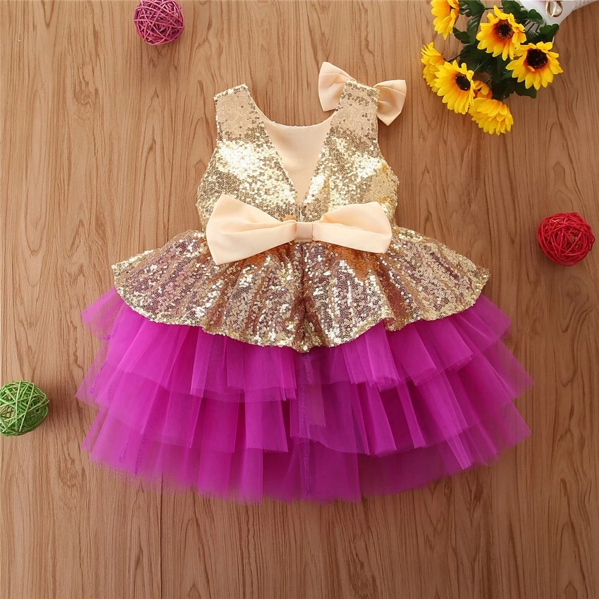 High Quality Wholesale Beautiful Baby Girls sequins Ball Gown princess Dresses Wedding Party shining bow Dress