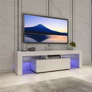 Hot sale home living furniture rectangular high gloss white TV stand modern wood led lighting TV stand.
