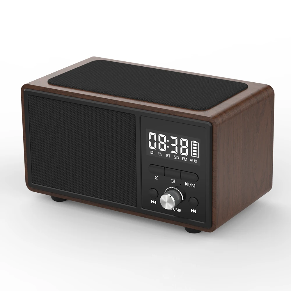 Hot selling classic portable bluetooth qi wireless charging speaker with FM , alarm clock function
