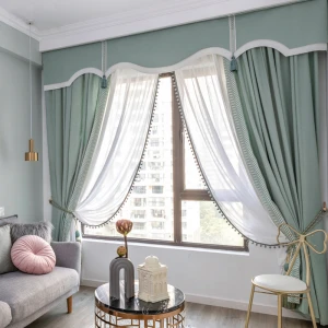 Hotel Light Blue Room Tassel Lace Window Sheer Curtains And Drapes With Valance