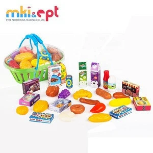 Kids Pretend Play Toy Beverages And Food Set With Shopping Basket