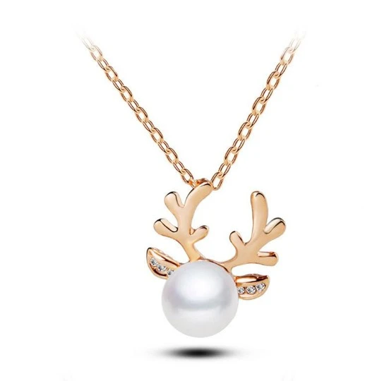 Longway New Arrival Gold Alloy Crystal Antlers Set, Christmas Gold Alloy Pearl Necklace Earrings Jewelry Sets