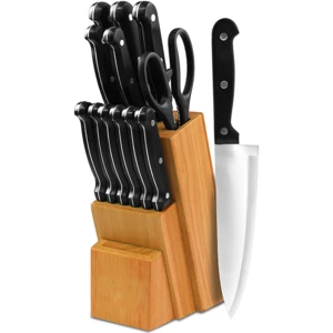 Low price Professional 13 Piece Stainless Steel Kitchen Knife Set with Polypropylene plastic handles Wood Knife Block Stand