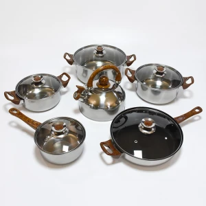 Mahogany handle 12 pieces cooking pot set  multi-function stainless steel cookware