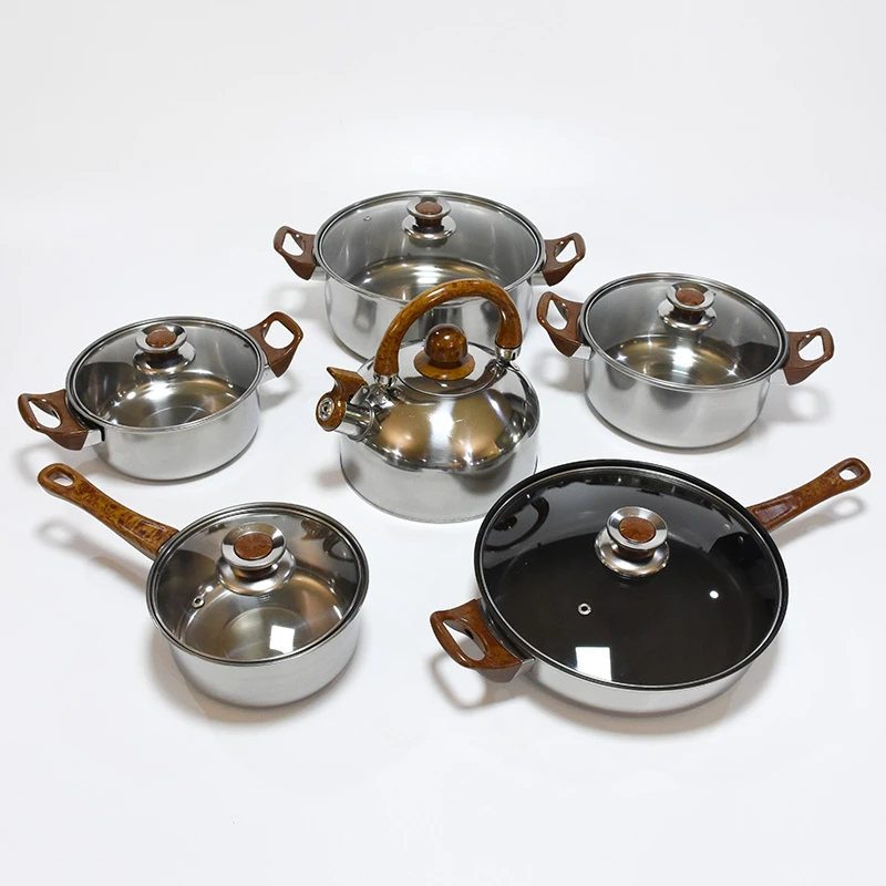 Mahogany handle 12 pieces cooking pot set  multi-function stainless steel cookware