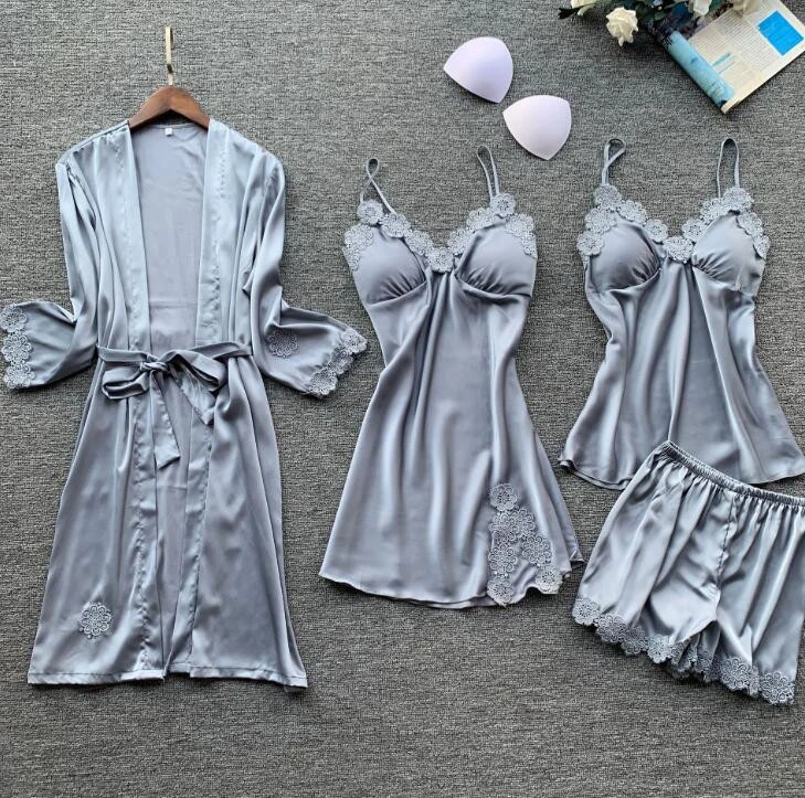 Manufacturer Customization Hot New Retail Products Four Pieces Sets Women Summer Homewear Bridal Robe Silk Bathrobe