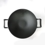 Manufacturers wholesale cast iron kitchen wok with two handle with wooden lid or stainless steel lid
