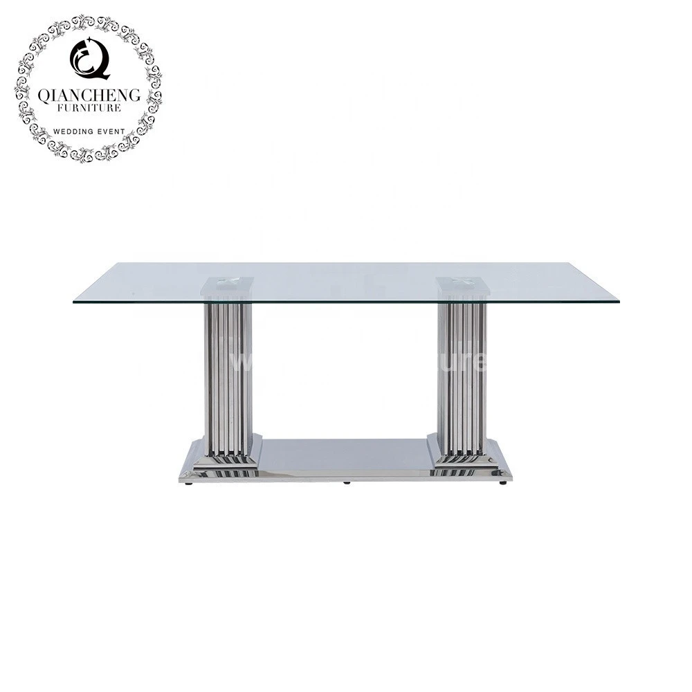 Modern room furniture 12mm thick tempered glass top metal frame dining table