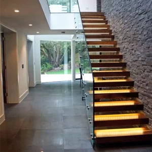 Modern stair  floating straight stairs Interior staircase with Wood Tread and Glass Railing
