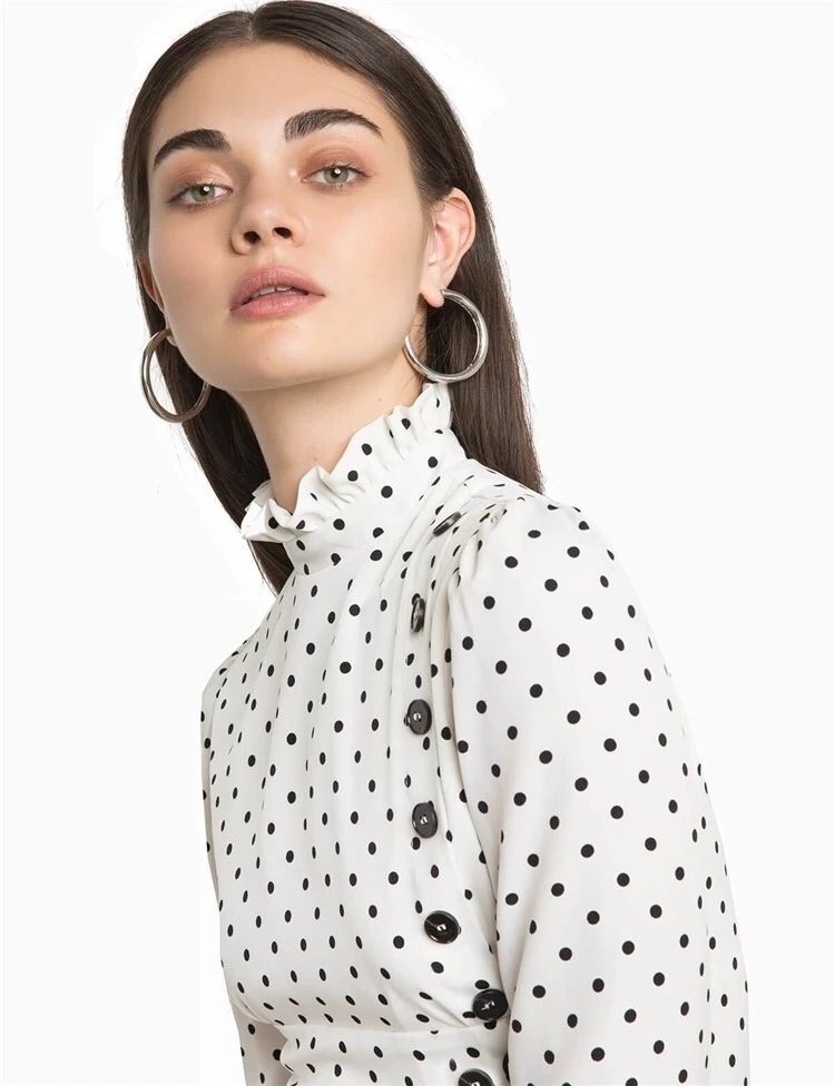 New Arrival Women Vintage Polka Dot White Buttoned Blouse and Ruffle High Collar Slim Long Sleeve Shirt