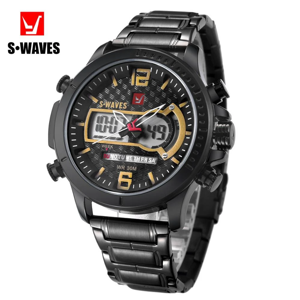 New Brand SWAVES Double Display Analog Digital LCD Quartz Wristwatch Stainless Steel Band Male Clock Men&#39;s Army Watches SW2072S