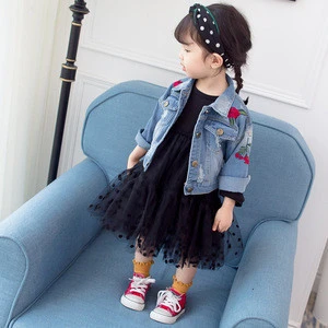 New fashion baby fall long sleeve embroidery jean fashion outwear baby girl coat