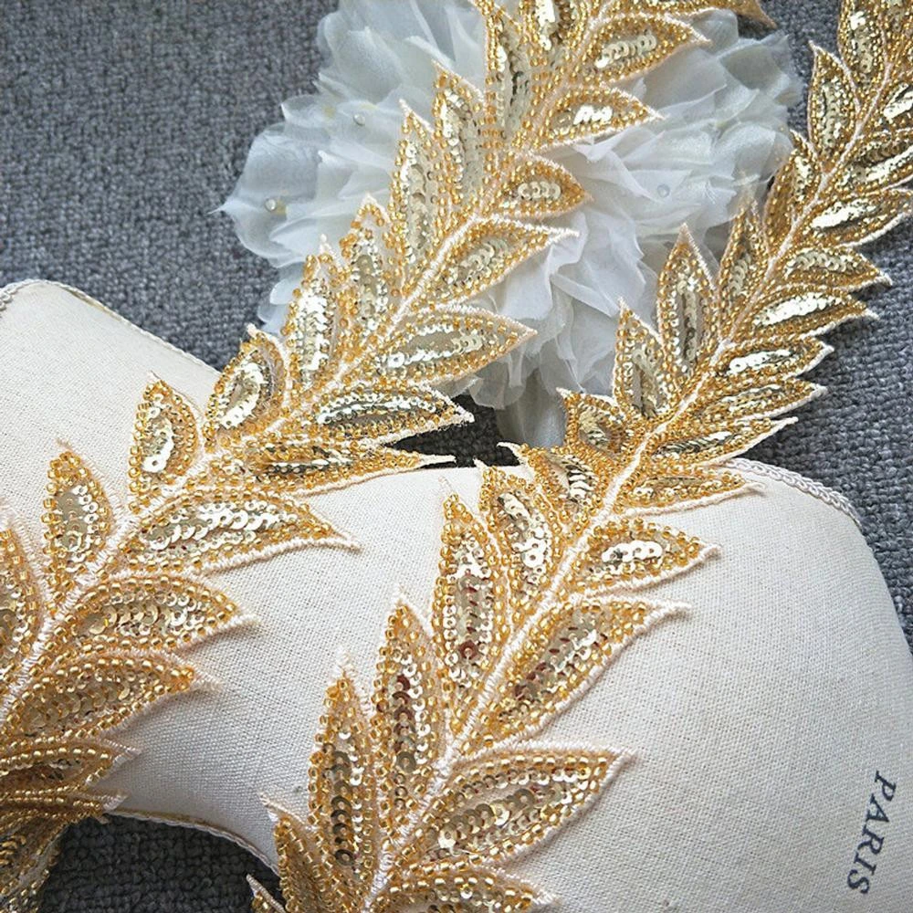New ! Silver Beading Sequin 3D long leaf bridal Lace Applique Patch, Embroidered Appliques for Headwear,waist belt