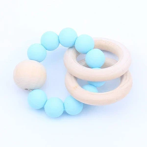 Non-Toxic Wooden Teething Ring Toy Silicone Beads Baby Teether