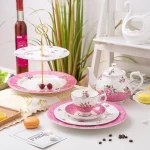 pink color with white point ceramic fine bone china dinnerware set