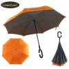 Popular and fashion double layer inside out reverse umbrella C shape handle inverted umbrella with logo prints
