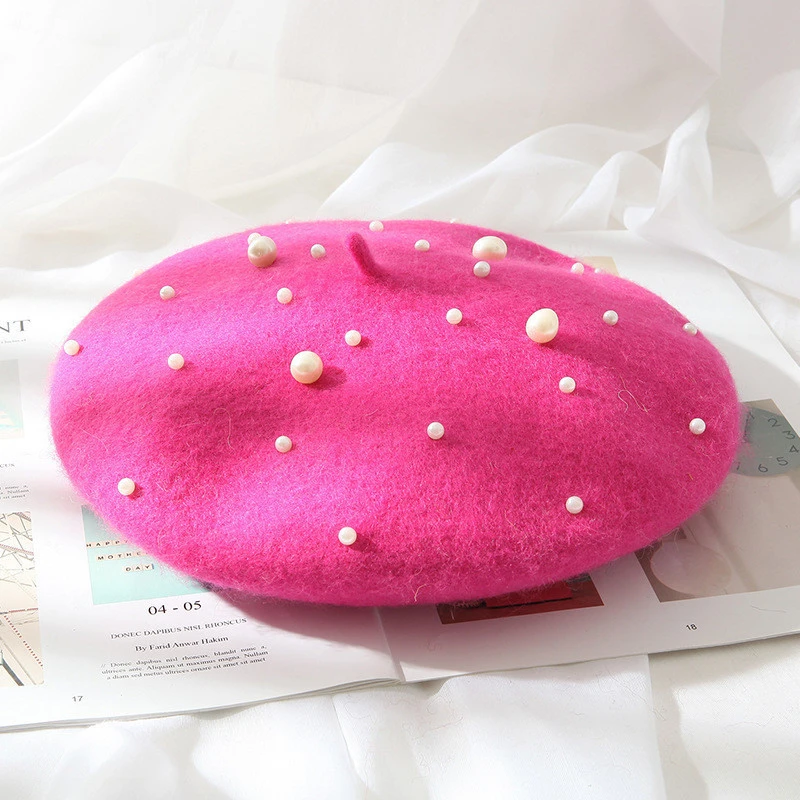 Premium Quality Hot Sale Warm Pearl Embellished Wool Beret for Women and Girls