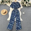 QJIA Summer Female Printed Jumpsuit 2023 New Fashion V-neck Short-sleeved Wide-leg Trousers Elastic Slim Sexy Retro Jumpsuit