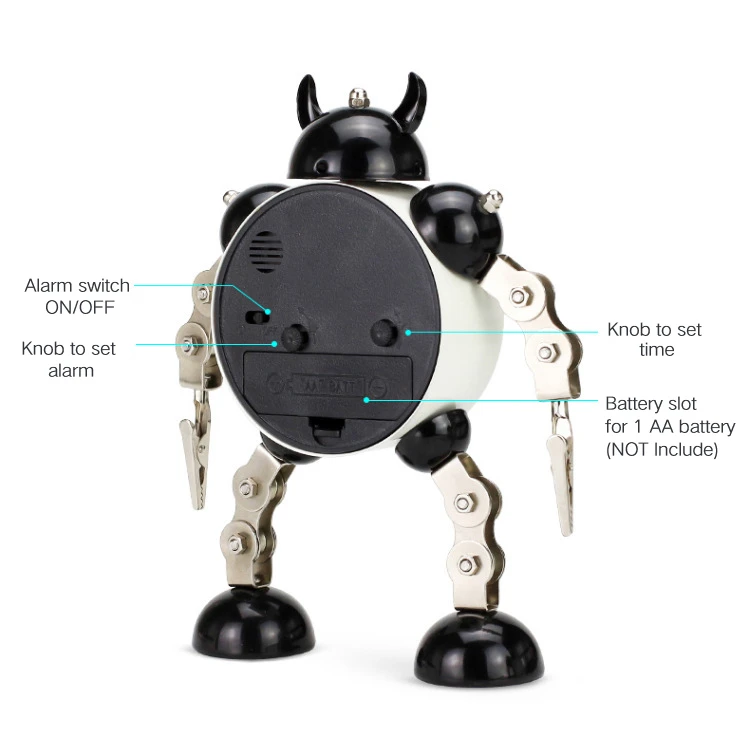 Robot Kids Alarm Clock Analog Time Silent Light Clock with Flashing Eye and Hand Clip