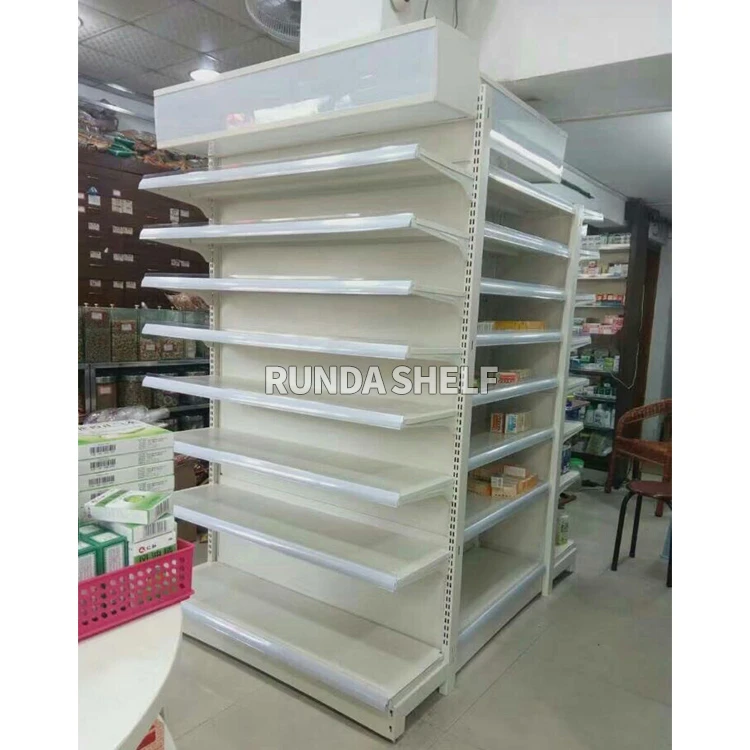 Runda 18## Double side steel wood combination  convenience store display shelf   rack gondola shelving