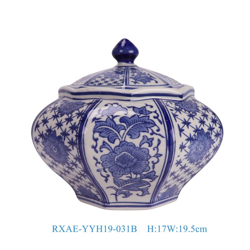 Rxae-Yyh19-031b Low Price Beautiful Blue White Floral Pattern Octangle Shape Ceramic Jar