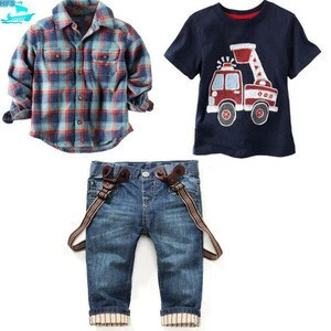 SE148 Wholesale Children Clothing Sets Plaid Shirt+t shirt +Jeans Pants 3pcs Boys Clothing Sets