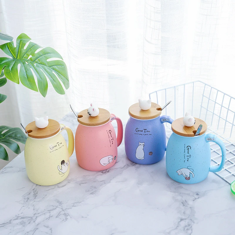 Seaygift Cute Cat 3D Ceramic Mugs Creative Milk Coffee Tea Cup Unique Porcelain Mugs with Lid and Spoon