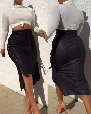 Sexy High Waist Pu Leather Skirt with belt Women Black Bodycon Dress Casual Streetwear Short Mini Pencil Skirts