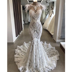 Sexy Mermaid Lace Wedding Dresses with Ostrich Feather Middle East Dubai Wedding Dress Bridal GownNew vestido de noiva