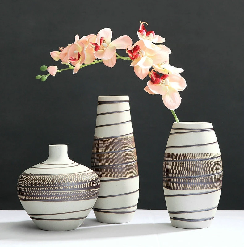 Simple retro Jingdezhen ceramic vase three-piece ceramic crafts decoration living room desktop flower arrangement flower