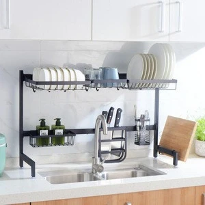 Simple Style 2-Tire Multi-function  Removable Black Metal Dish Rack For Kitchen Storage