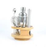 Stainless Steel Round Rotating Bamboo Base Cocktail Shaker Set Stirrers Bar Tools Cocktail Set Cocktail Mixer Bar Kit