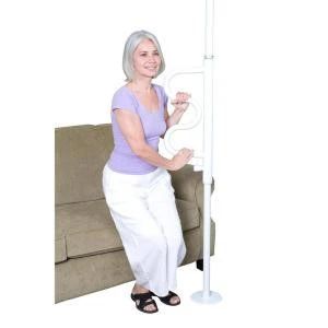Stander Security Pole &amp; Curve Grab Bar - Elderly Bathroom Assist Tension Grab Bar and Transfer Pole - White